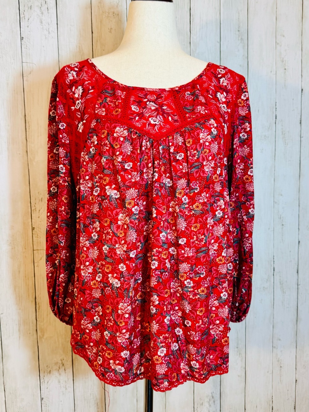 🌺 Mason & Belle Floral Boho Blouse | Red Lace Yoke Peasant Top | Medium